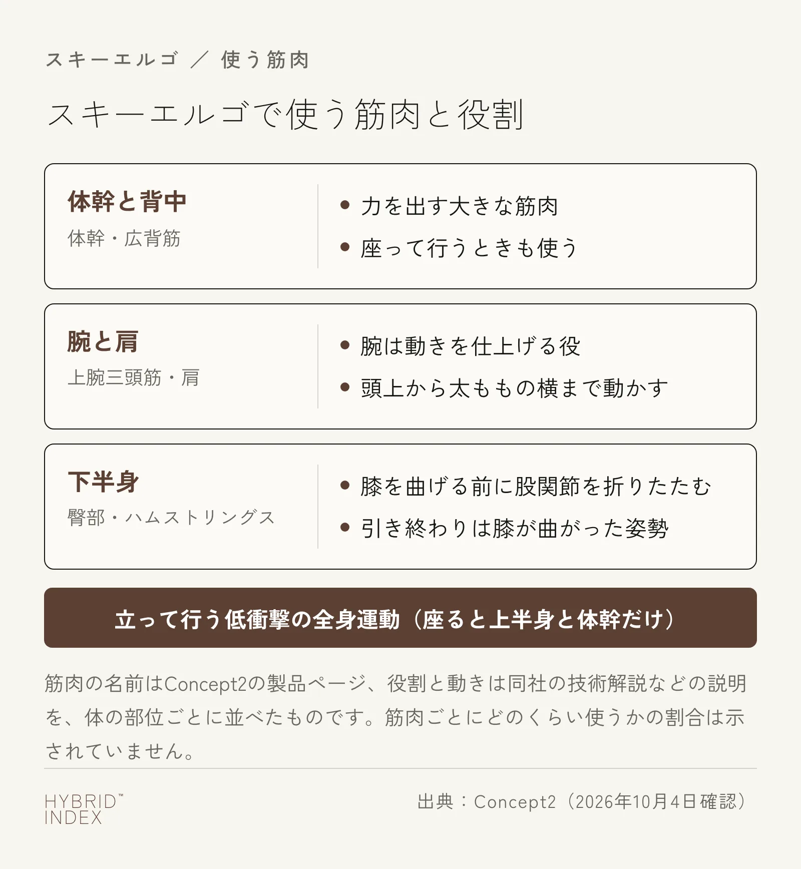 スキーエルゴで使う筋肉を体の部位ごとに分けた図。体幹と背中（体幹・広背筋）は力を出す大きな筋肉、腕と肩（上腕三頭筋・肩）は動きを仕上げる役、下半身（臀部・ハムストリングス）は膝を曲げる前に股関節を折りたたむ動きで使う。立って行う低衝撃の全身運動で、座ると上半身と体幹だけの運動になる
