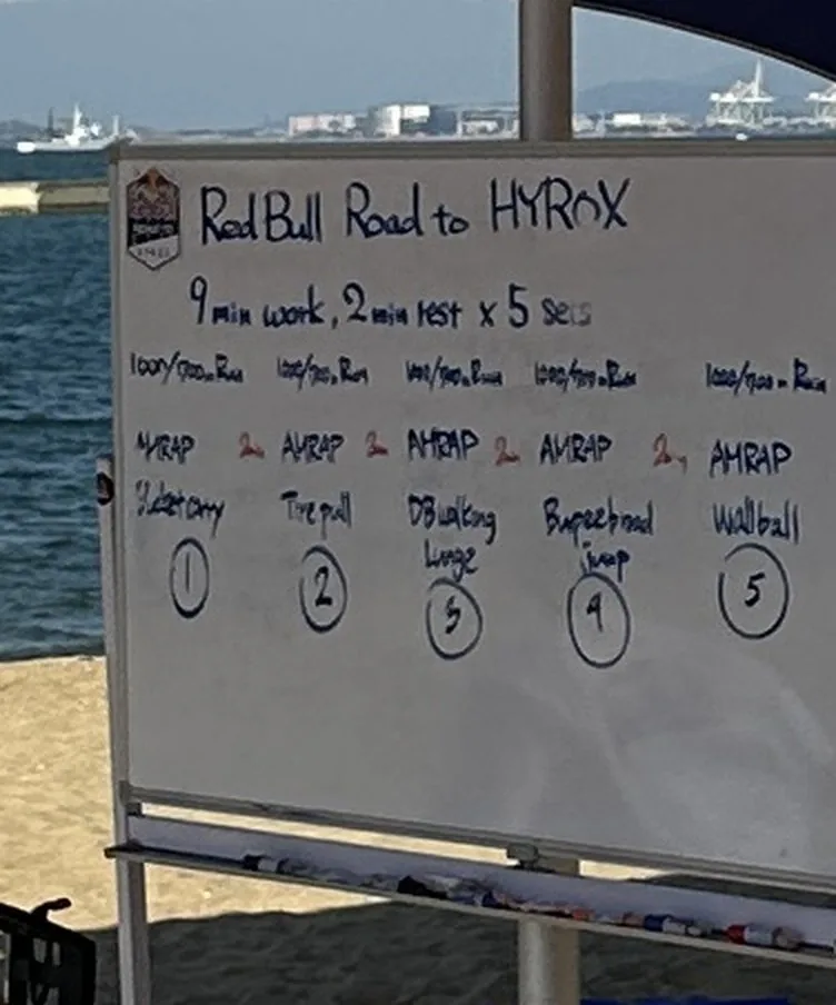 Red Bull Road to HYROXのメニューを書いたホワイトボード。9 min work, 2 min rest x 5 sets と5つの種目名